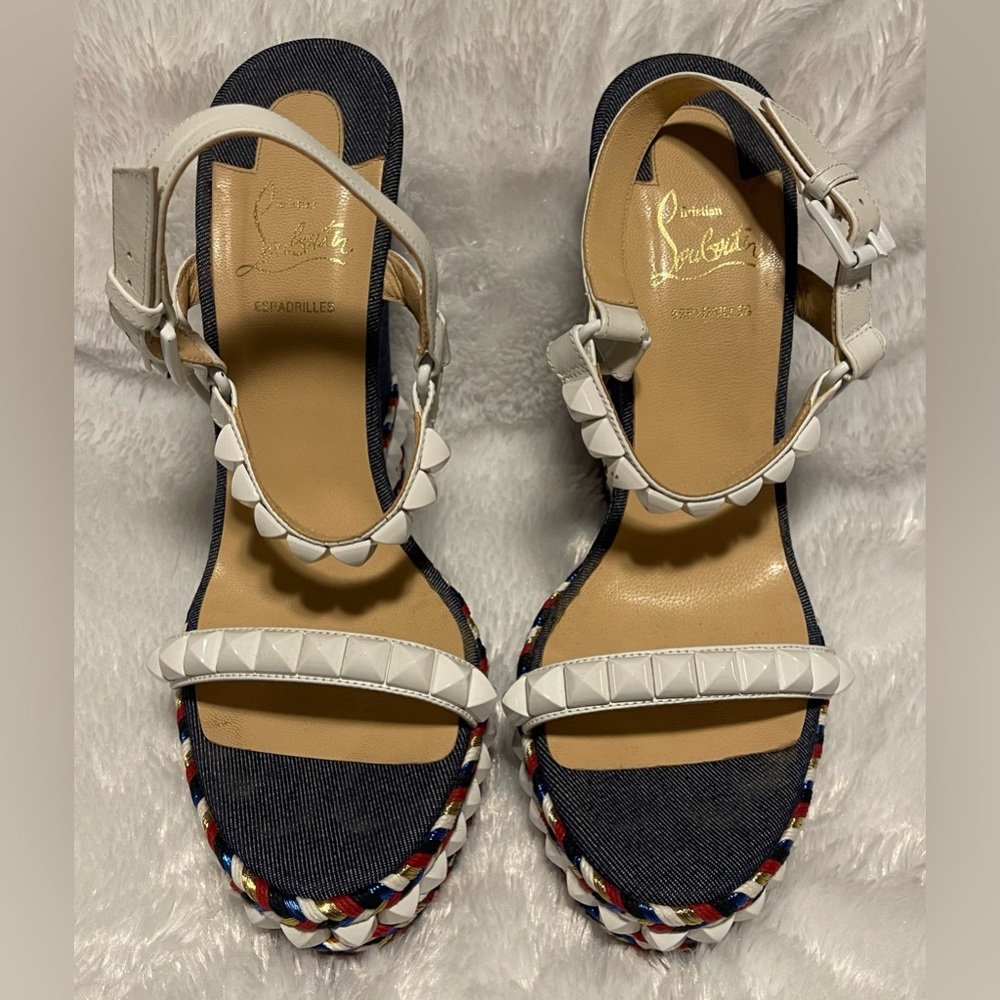 Christian Louboutin Cataclou 140 Blue Denim Leather Wedges Sandals 41